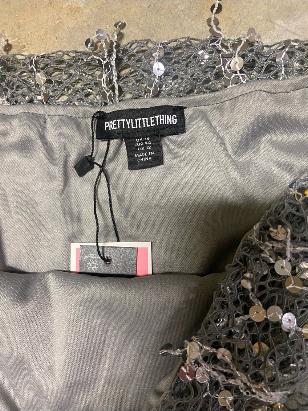 Pretty Little Thing Silver Sequin Tassel Mesh Micro Mini Skirt Size 12 Party - Picture 8 of 11